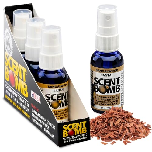 Image of Scent Bomb Air Freshener Spray, Long-Lasting Odor Eliminator - Effective Deodorizer for Home & Car, Fresh Room Spray for Kitchen, Bathroom & Smell Neutralizer - 1 oz Pack of 4, Sandalwood Scent