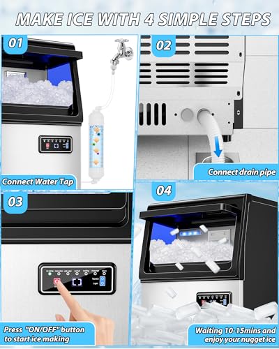 Image of Commercial Nugget Ice Maker, 85Lbs /24H Pellet Chewable Ice Machine | 15Lbs Storage Bin, Self-Cleaning Stainless Steel Freestanding Ice Machine for Business, Office, Party, Kitchen