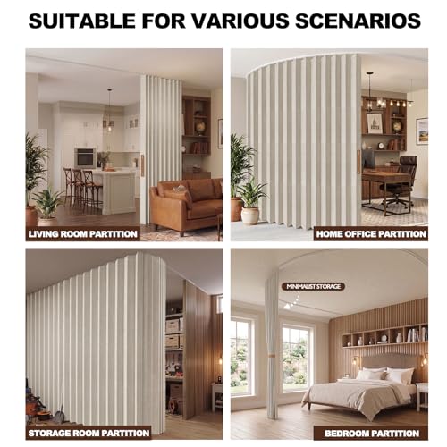 Image of JILRON Accordion Partition Curtain with Ceiling Track - Space-Saving Room Divider, Tool-Free Installation(Off-White 100 inch W x 108 inch L-Pack of 1)