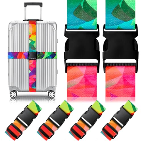 Image of 4 Pack Luggage Straps for Suitcases Adjustable Luggage Belt Suitcase Strap Travel Bag Accessories (Colorful Geometry(4 Pack))
