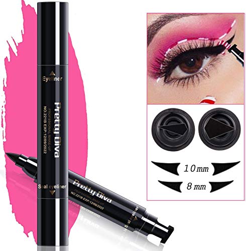 PrettyDiva Winged Eyeliner Stamp - 2Pcs/pack(8mm&10mm) Waterproof Smudgeproof Long Lasting Liquid Eyeliner Pen, Double-Head Eye Makeup Seal Stamp Tool for Wing or Cat Eye - Black