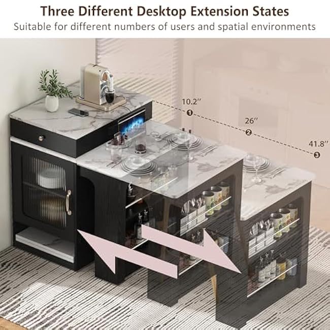 59.5 Kitchen Island with Extendable Dining Table, Double-Sided Storage & Power Outlet, 2 Drawers, Side Open Shelves, Mobile Kitchen Cart for Dining Room,Black-Ea6giKCQ
