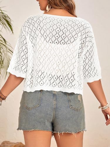 Image of Women's Plus Size Crochet Cardigan Crop Short Sleeves Tie Front Lightweight Knitwear