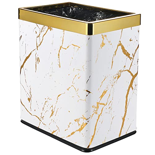 Huaqinglian Small Office Trash can bedroom Wastebasket,Rectangle Slim bathroom kitchen garbage can 2.6Gallon(White Gold Marble)