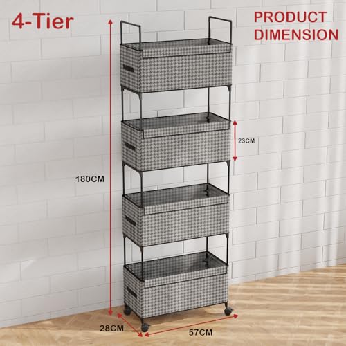 Image of Lukzer 4-Tier Clothes Organizer Basket with Wheels | Black & White Fabric with Metal Rolling Storage Shelf for Folded Clothes & Towels | Multipurpose Rack for Bedroom Closet & Laundry Room