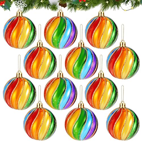 Simgoing 12 Pcs Christmas Rainbow Ball Ornaments 2.36 Inch Gay Pride Ball Ornaments Glitter LGBT Gifts Rainbow Striped Hanging Tree Decorations for Christmas Tree Decoration Party Decor