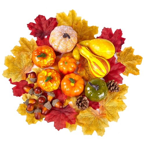 NOMISURIT Fall Decorations 50pcs Artificial Pumpkin Set with Fake Maple