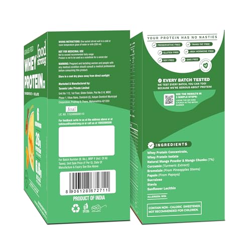 Image of Foodstrong Whey Protein Powder (Concentrate + Isolate), 100% Hormone Free Grass-Fed Whey, 26G Protein & 6.6G BCAA, Mango, With Turmeric & Digestive Enzymes, 6 Sachets, 210G