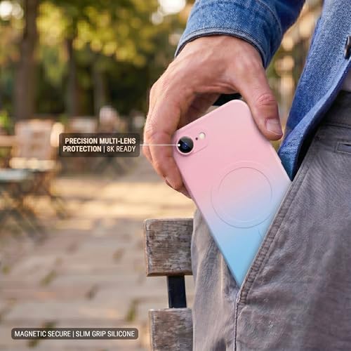 Image of amazon basics Gradient Mag-Safe Case for iPhone 16E | Soft Silicone Shockproof Cover with Camera Protection | Slim Lightweight Design | Smooth Touch & Durable - Pink & Blue