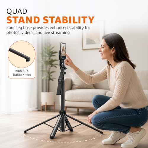 Image of Amazon Basics 71 inch Extendable Selfie Stick Tripod with Quad Stand, 360 Rotatable Handle, Detachable Bluetooth Remote, Phone Tripod for Vlogging, YouTube & Travel, Compatible with All Smartphones