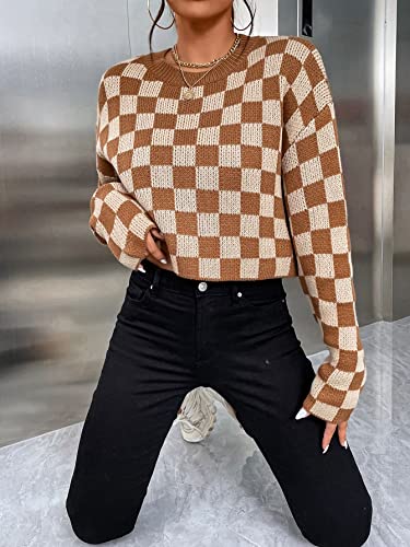 GORGLITTER Women's Checkered Cropped Sweater Plaid Knit Long Sleeve Crewneck Pullover Tops4