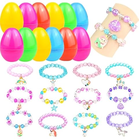 JIABNUKKN 12 PCS Easter Basket Stuffers Eggs Filled with Jewelry Bracelets Inside Easter Eggs with Unicorn Bracelets Easter Party Favor Toys Easter Gifts for Kids Toddlers Cover
