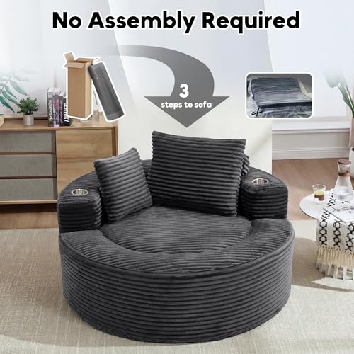 Image of Oversized Round Chair Lounge Chaise Indoor, 55.5 inch Upholstered Corduroy Deep Seat Single Cloud Sofa Chair with Cup Holder, Modern Large Circle Boneless Sleeper Sofa for Living Room, Dark Grey