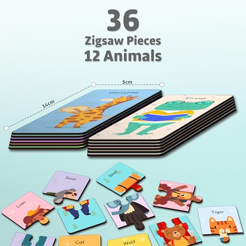 Image of Lefan Wooden Jigsaw Puzzle for Kids (Pack of 12 Animals) | Animal Puzzle Learning Toy for Toddlers 3+ Years | Educational Matching Puzzle Board | Eco-Friendly Wooden Toys for Boys & Girls