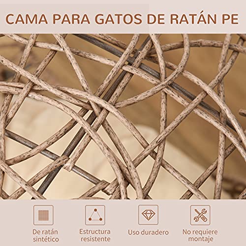 Pawhut-Cama-Cueva-para-Gatos-de-Ratan-Cesta-para-Mascotas-Pequenas-con-Base-Tripode-Cojin-Suave-2-Entradas-Diseno-Elevado-O50x56-cm-Cueva-Marron-y-Cojin-Beige material de ratán