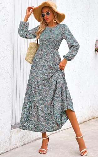 Image of PRETTYGARDEN Women's Fall Dresses 2026 Long Sleeve Flowy Casual Floral Maxi Dress Crew Neck Smocked Tiered Long Dress
