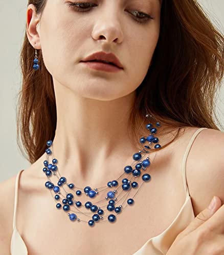 Layered Pearl Necklace Multi-Strand Pearl Choker Necklaces For Women Beaded Jewelry For Wedding Parties(37-Blue) #TOP2