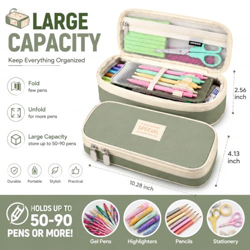 Image of PUPTILY Pencil Case, Large Capacity Aesthetic Pencil Cases with Durable Zipper, Big Stationery Pencil Pouch for Women & Men, Adults Portable Storage Organizer Bag for College, Office, Travel (Green)