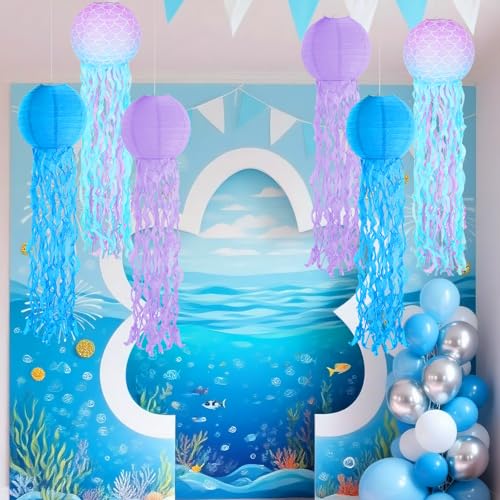 Image of Set of 6 Hanging Jellyfish Paper Lanterns Blue Jellyfish Decor for The Sea Ocean Party, Mermaid Birthday Decoration, Baby Shower, Nautical Events (Multi-Color 2)