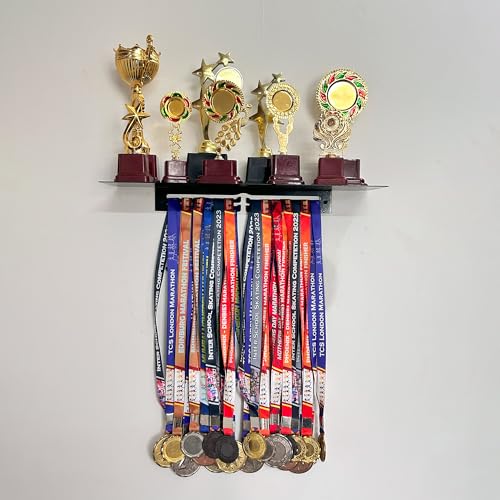 Large Metal Trophy Stand with Medal Holder for Wall - Holds Up to 8 Trophies and 30 Medals - Glossy Black Finish - Metal Display for Sports Achievements - Perfect for Homes, Schools, and Sports Clubs 3 51r+G5WhdGL