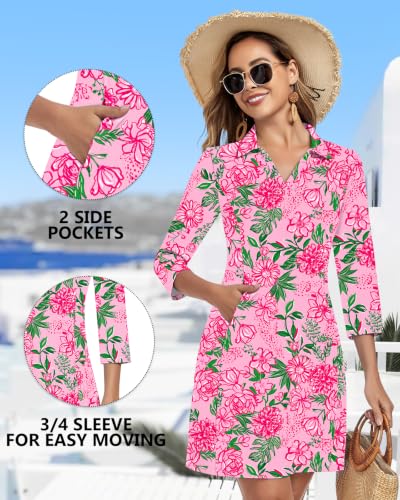 Image of WOWENY 3 /4 Sleeve Dress for Women with Pockets V Neck UPF 50+ Casual Sun Dress Breathable Quick Dry Beach Vacation