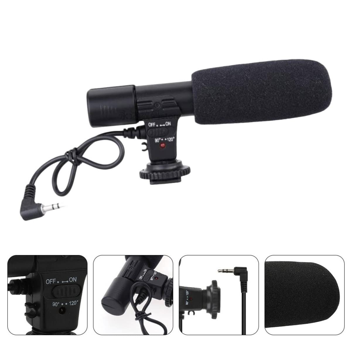 TEHAUX Micrófono de Cámara DSLR Negro Abs para Entrevistas y Vídeo | Zapato Estándar, Captura Estéreo de Alta Sensibilidad, Ángulo 90/120 Grados, Compatibilidad Amplia Teléfono y Camcorder