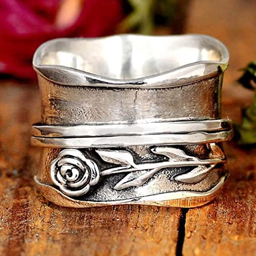 Blooming Rose Flower Wide Band Ring for Women Retro 925 Sterling Silver Floral Chunky Ring Vintage Ring Boho Stainless Steel Flower and Leaf Promise Statement Anniversary Ring3