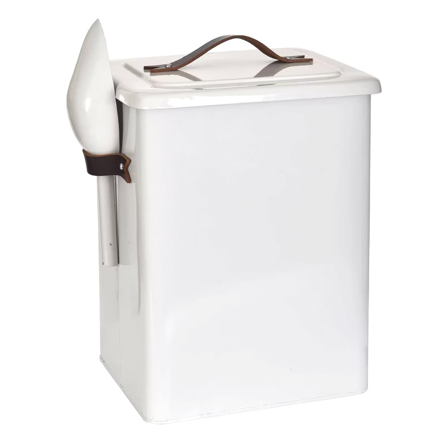 CKB LTD Caja de almacenamiento de alimentos para mascotas mediana con cuchara para perros y gatos y animales de metal, con tapa sellada, mango de cuero, hecho de acero de giza, 7 kg: 34 x 25 x 19 cm