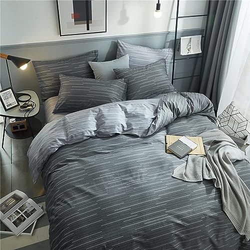 Image of Striped Comforter Set Queen Size Retro Grey Stripes Pattern Printed Bedding Comforter with 2 Pillowcases Soft Breathable Fluffy Bed Comforter Geometric 3 Pieces Striped Bedding Set for All Seasons