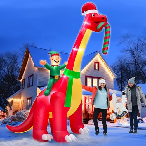 12 Ft Ht x 14 Ft L Giant Christmas Inflatables Santa Elf Ride Dinosaur Holding Candy Cane Christmas...