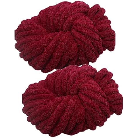 2 Skeins Chunky Chenille Yarn for Blanket, Super Soft Thick Fluffy Jumbo Chunky Chenille-Style Polyester Arm Knit Finger Yarn for Home Décor Projects 500g (Purplish Red) Cover