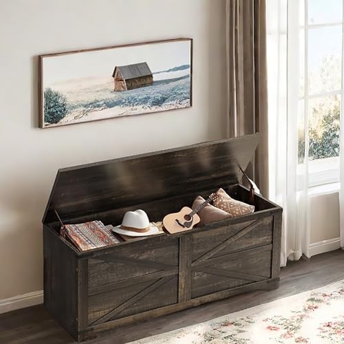 DWVO Storage Bench with Storage, 47.2" Wooden Trunk, Storage Chest with Safety Hinges for Living Room, Entryway, Bedroom