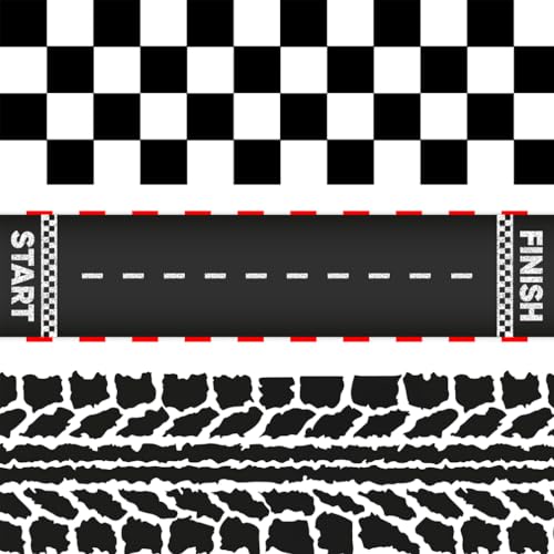 FUNSHOWCASE Décoration de gâteau Comestible Race Car, Drapeau à Damier, Piste de Course, Bordure de Pneu, 4 x 12 Pouces par Feuille