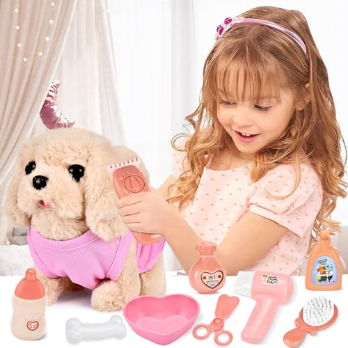 Herefun Hund Spielzeug Kinder, Elektrisch Plüsch Hund, Interaktives der läuft bellt Schwanzwedelt, Haustier Hundespielzeug Elektrisches, Kuscheltier mit Leine Hundekäfig Geschenk Mädchen ab 3 Jahren