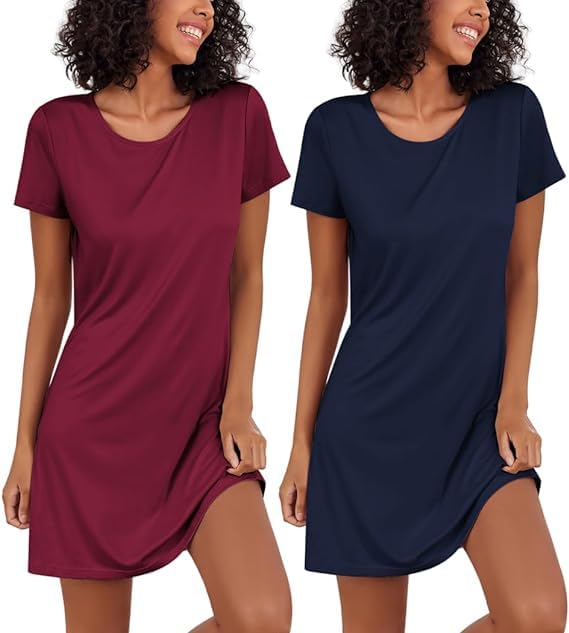 Ekouaer Nachthemd Damen Zweiteiliger Sleepshirt Kurzarm Nachtwäsche Schlafhemd Leicht Schlafshirt, 2er Pack, S-XXL