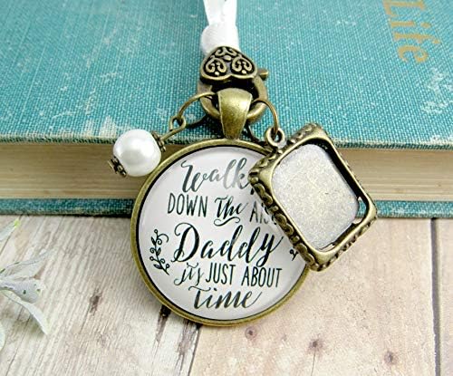 Bouquet Charm for Wedding Memory of Father Walk Me Down Aisle Daddy Vintage Bronze White Glass Pendant Jewelry White Bead 1 Frame Loving Remembrance Jewelry Brides Flowers DIY Photo Template