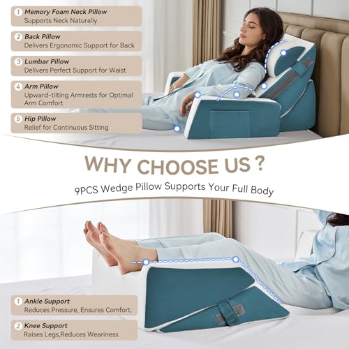Image of Yojoker 9PCS Orthopedic Bed Wedge Pillow Set for Sleeping, Back and Leg Pain Relief, Post Surgery Foam Pillow for Body, Triangle Adjustable Support Pillow - Acid Reflux Sleeping Pillows Navy