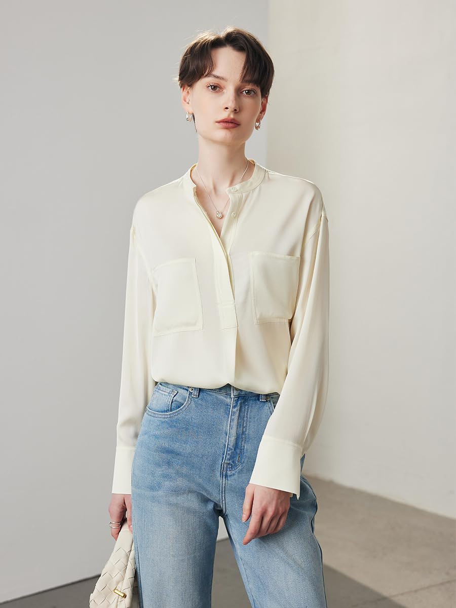 Camisa de Oficina Holgada de Seda con Cuello Alto para Mujer
