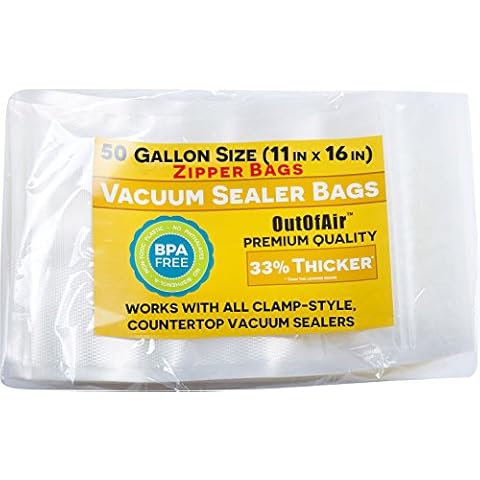 50 Gallon Size Zipper Vacuum Sealer Bags (11" x 16") OutOfAir Vacuum Seal Zip Bags, Works with FoodSaver & Other Savers, 33% Thicker BPA Free Commercial Grade Great for Snacks On The Go Cover