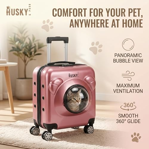 Image of Husky & Purr Pet Carrier with Wheels for Cats & Small Dogs | Durable Cat Bag Carrier Trolley with Mesh and Transparent Dome Front, Telescopic Handle, Up to 8kgs