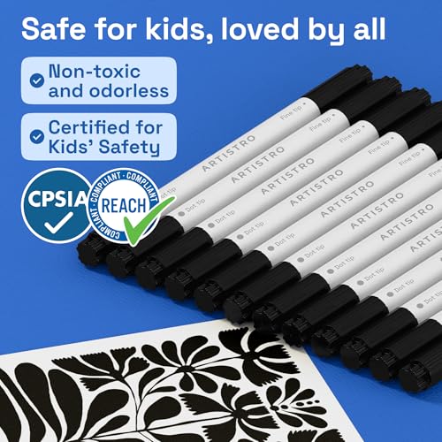Image of ARTISTRO 12 Black Dual-Tip Acrylic Paint Markers - Paint Pens Set with Dot & Fine Tips for Fabric, Rock, Glass, Wood, Coloring Books - Arts & Crafts Gift - Classroom Must Haves & School Supplies