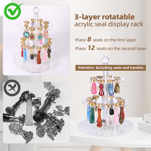 Image of 3 Tiers Rotatable Round Acrylic Display Stand for Wax Seal Kit, Wax Seal Stamp Head and Handle Storage Box Art Craft Container for Store Exhibition Bookstore Office and Home (No Wax Tools)