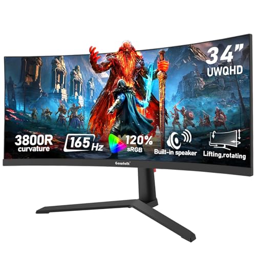 Gawfolk 34 Inch Ultrawide Curved 165Hz Gaming Computer Monitor 3800R PC Screen 21:9 UWQHD (3440x1440) 120% sRGB 1ms Adaptive Sync Display PortHDMI Liftable Stand Built-in speaker - Black