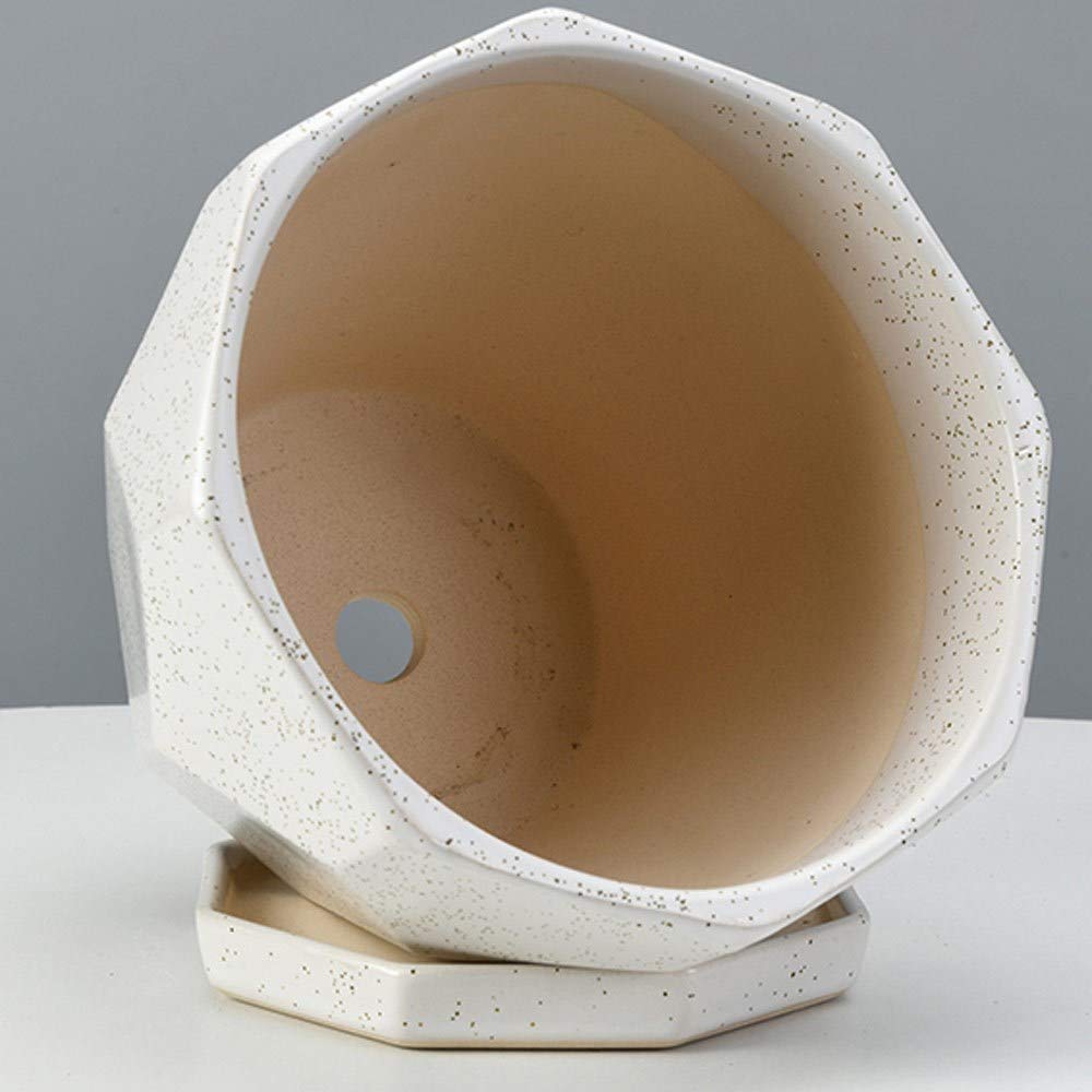Ceramiczna doniczka na rośliny geometria wielokąt donice ogrodowe woskowana biała bardzo duża z dzieloną tacą doniczka na kwiaty do roślin wewnętrznych z otworem drenażowym (rozmiar: duża)