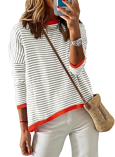 Womens Lightweight Cotton Sweaters Long Sleeve Crew Neck Color Block Striped Casual Knitted Pullover Tops