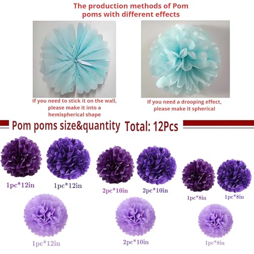 image for prxififeq Purple Tissue Paper Pom Poms 12Pcs- Hanging Paper Flowers fo