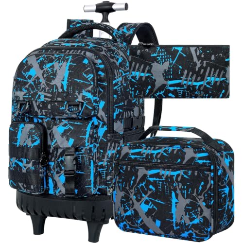 Image of CCJPX Rolling Backpack for Boys, 3Pcs Roller Wheeled School Bookbag, Graffiti Wheels Backpacks with Lunch Box for Kids (Blue)