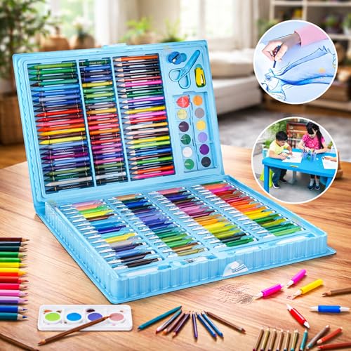 Image of WISHKEY 150 Pieces Art Set for Kids with Case, Art and Craft Supplies Kit for Drawing and Painting, Color Set with Markers, Water Colors, Brush, Color Pencils, Crayons (Pack of 1, Blue)