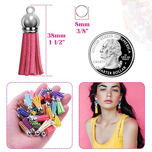 paxcoo tassels for jewelry making 50pcs leather tassel keychain charms bulk with 50pcs jump rings for bracelets acrylic key chain blanks and craft supplies