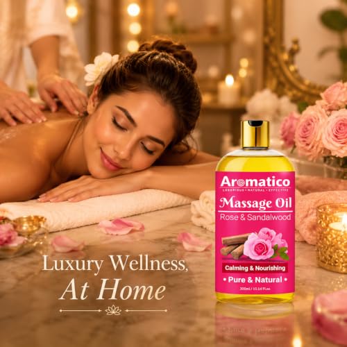 Image of AROMATICO Rose & Sandalwood Massage Oil - Rose Massage Oil with Sandalwood, Almond & Jojoba for Body Relaxation & Skin Nourishment | 300ml